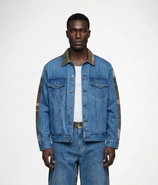 Double Dose Denim Woodland Camo Jean Jacket